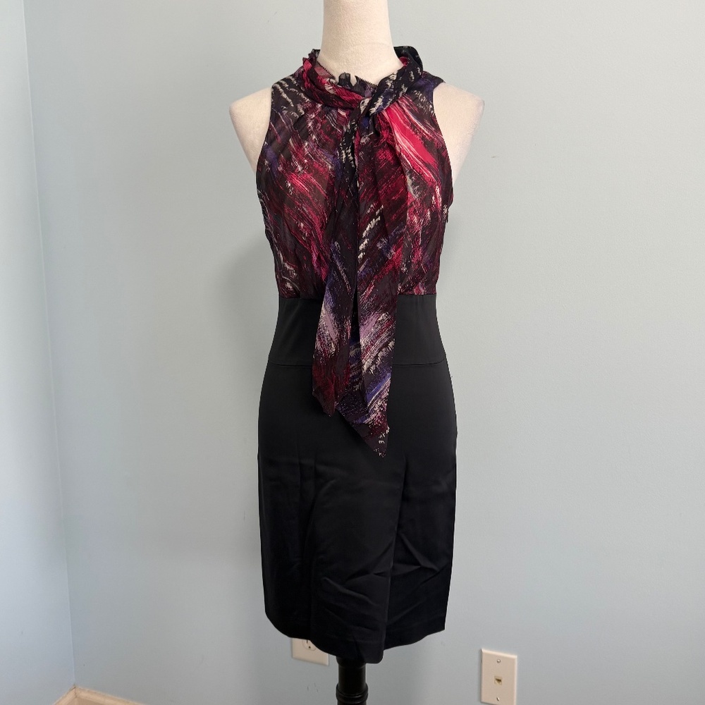 BCBGMaxazria Women’s Black Pink Sheath Knee Length Sleeveless Silk Dress Size 2